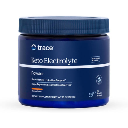 Recipient plastic albastru închis Trace Minerals Keto Electrolyte Powder cu capac albastru, logo trace alb, text mare Keto Electrolyte Powder, badge Zero Sugar No Carbs, mențiuni Keto-Friendly Hydration Support și Helps Replenish Essential Electrolytes, linie portocalie Orange Flavor, badge Made with ConcenTrace, 55 Powder Scoops, 369g. Electroliti premium fără zahăr cu 1000mg potasiu, magneziu, calciu, sodiu și minerale ionice din Marele Lac Sărat Utah. Hidratare optimă pentru keto și sport, aromă portocal