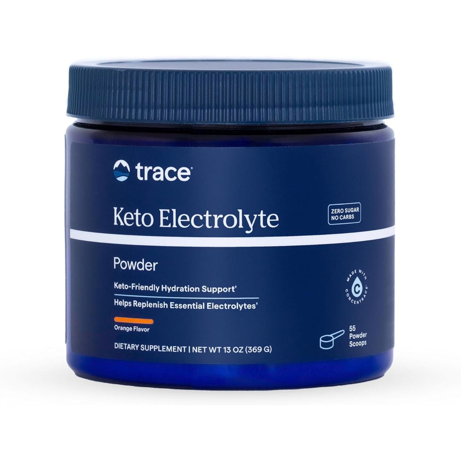 Recipient plastic albastru închis Trace Minerals Keto Electrolyte Powder cu capac albastru, logo trace alb, text mare Keto Electrolyte Powder, badge Zero Sugar No Carbs, mențiuni Keto-Friendly Hydration Support și Helps Replenish Essential Electrolytes, linie portocalie Orange Flavor, badge Made with ConcenTrace, 55 Powder Scoops, 369g. Electroliti premium fără zahăr cu 1000mg potasiu, magneziu, calciu, sodiu și minerale ionice din Marele Lac Sărat Utah. Hidratare optimă pentru keto și sport, aromă portocal