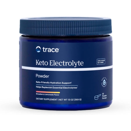 Recipient plastic albastru închis Trace Minerals Keto Electrolyte Powder cu capac albastru, logo trace alb, text mare Keto Electrolyte Powder, badge Zero Sugar No Carbs, mențiuni Keto-Friendly Hydration Support și Helps Replenish Essential Electrolytes, linie roz Strawberry Lemonade, badge Made with ConcenTrace, 55 Powder Scoops, 369g. Electroliti fără zahăr cu 1000mg potasiu, magneziu, calciu, sodiu și complex minerale ionice din Marele Lac Sărat. Hidratare  pentru sport și crampe, aromă căpșuni-limonada