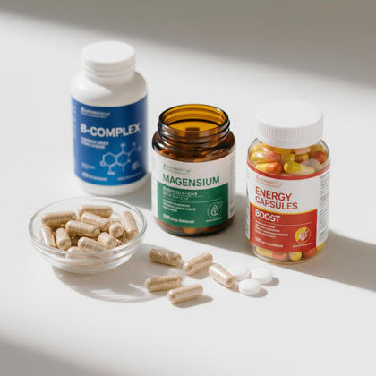 Suplimente pentru energie și vitalitate: B-Complex cu etichetă albastră, Magneziu și capsule energie multicolore cu capsule bej pe fundal alb