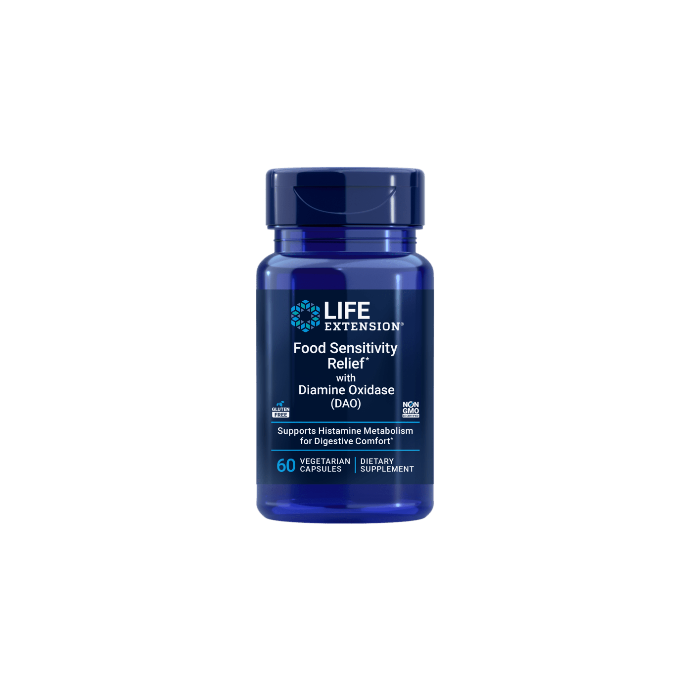 Recipient plastic albastru Life Extension Food Sensitivity Relief cu capac albastru, logo frunză albă, text mare Food Sensitivity Relief with Diamine Oxidase DAO, subtitlu Supports Histamine Metabolism for Digestive Comfort, sigilii Gluten Free și Non-GMO, 60 Vegetarian Capsules vizibil. Supliment premium vegetarian cu 20000 HDU enzimă DAO din muguri de mazăre pentru susținerea metabolismului histaminei. Reduce disconfortul digestiv după alimente fermentate, brânzeturi și vinuri, confort abdominal optim.