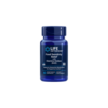 Recipient plastic albastru Life Extension Food Sensitivity Relief cu capac albastru, logo frunză albă, text mare Food Sensitivity Relief with Diamine Oxidase DAO, subtitlu Supports Histamine Metabolism for Digestive Comfort, sigilii Gluten Free și Non-GMO, 60 Vegetarian Capsules vizibil. Supliment premium vegetarian cu 20000 HDU enzimă DAO din muguri de mazăre pentru susținerea metabolismului histaminei. Reduce disconfortul digestiv după alimente fermentate, brânzeturi și vinuri, confort abdominal optim.