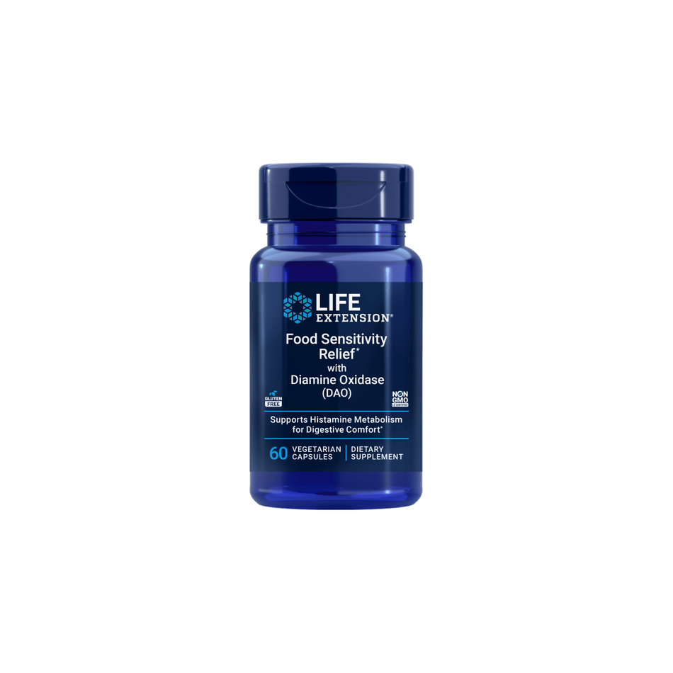 Recipient plastic albastru Life Extension Food Sensitivity Relief cu capac albastru, logo frunză albă, text mare Food Sensitivity Relief with Diamine Oxidase DAO, subtitlu Supports Histamine Metabolism for Digestive Comfort, sigilii Gluten Free și Non-GMO, 60 Vegetarian Capsules vizibil. Supliment premium vegetarian cu 20000 HDU enzimă DAO din muguri de mazăre pentru susținerea metabolismului histaminei. Reduce disconfortul digestiv după alimente fermentate, brânzeturi și vinuri, confort abdominal optim.