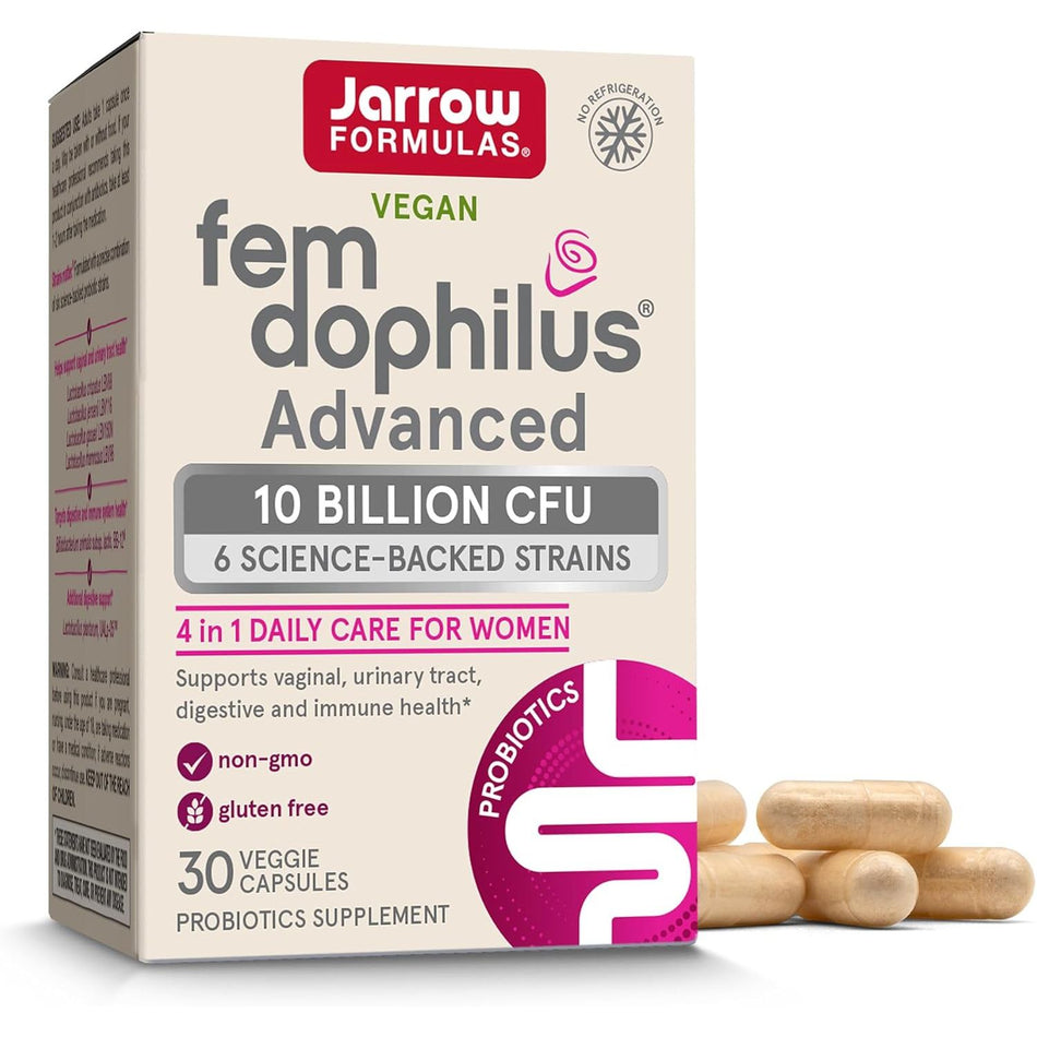 Cutie carton alb-roz Jarrow Formulas Fem-Dophilus Advanced cu logo roșu-verde, text Vegan, titlu mare magenta fem dophilus Advanced, banner galben 10 Billion CFU, 6 Science-Backed Strains, 4 in 1 Daily Care For Women, icoane non-GMO și gluten free, badge Probiotics verde, 30 Veggie Capsules, capsule bej vizibile alături. Probiotic vegan specializat pentru femei cu 10 miliarde CFU și 6 tulpini documentate științific pentru sănătatea feminină. Susține flora vaginală, tractul urinar, digestia și imunitatea.