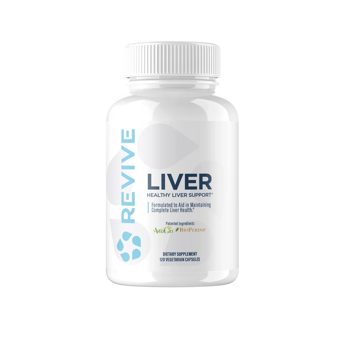 Recipient plastic alb Revive MD Liver cu capac alb, logo turcoaz REVIVE cu picături, text mare LIVER, subtitlu Healthy Liver Support, mențiune Formulated to Aid in Maintaining Complete Liver Health, logo-uri ingrediente brevetate AstraGin și BioPerine, 120 Vegetarian Capsules vizibil. Formulă premium cu 1000mg NAC, 1000mg silimarină 80%, 300mg TUDCA și 50mg AstraGin pentru susținerea funcției hepatice. Susține detoxifierea naturală, metabolismul grăsimilor, protecție antioxidantă și regenerare hepatică.