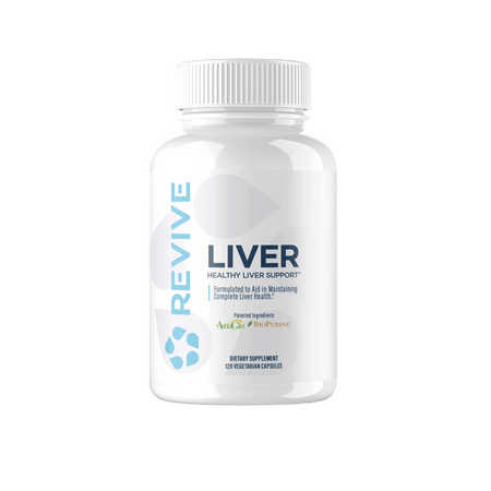 Recipient plastic alb Revive MD Liver cu capac alb, logo turcoaz REVIVE cu picături, text mare LIVER, subtitlu Healthy Liver Support, mențiune Formulated to Aid in Maintaining Complete Liver Health, logo-uri ingrediente brevetate AstraGin și BioPerine, 120 Vegetarian Capsules vizibil. Formulă premium cu 1000mg NAC, 1000mg silimarină 80%, 300mg TUDCA și 50mg AstraGin pentru susținerea funcției hepatice. Susține detoxifierea naturală, metabolismul grăsimilor, protecție antioxidantă și regenerare hepatică.