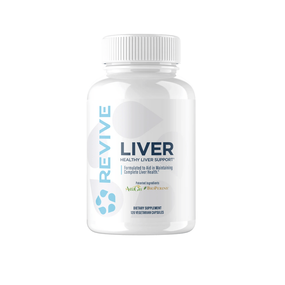 Recipient plastic alb Revive MD Liver cu capac alb, logo turcoaz REVIVE cu picături, text mare LIVER, subtitlu Healthy Liver Support, mențiune Formulated to Aid in Maintaining Complete Liver Health, logo-uri ingrediente brevetate AstraGin și BioPerine, 120 Vegetarian Capsules vizibil. Formulă premium cu 1000mg NAC, 1000mg silimarină 80%, 300mg TUDCA și 50mg AstraGin pentru susținerea funcției hepatice. Susține detoxifierea naturală, metabolismul grăsimilor, protecție antioxidantă și regenerare hepatică.