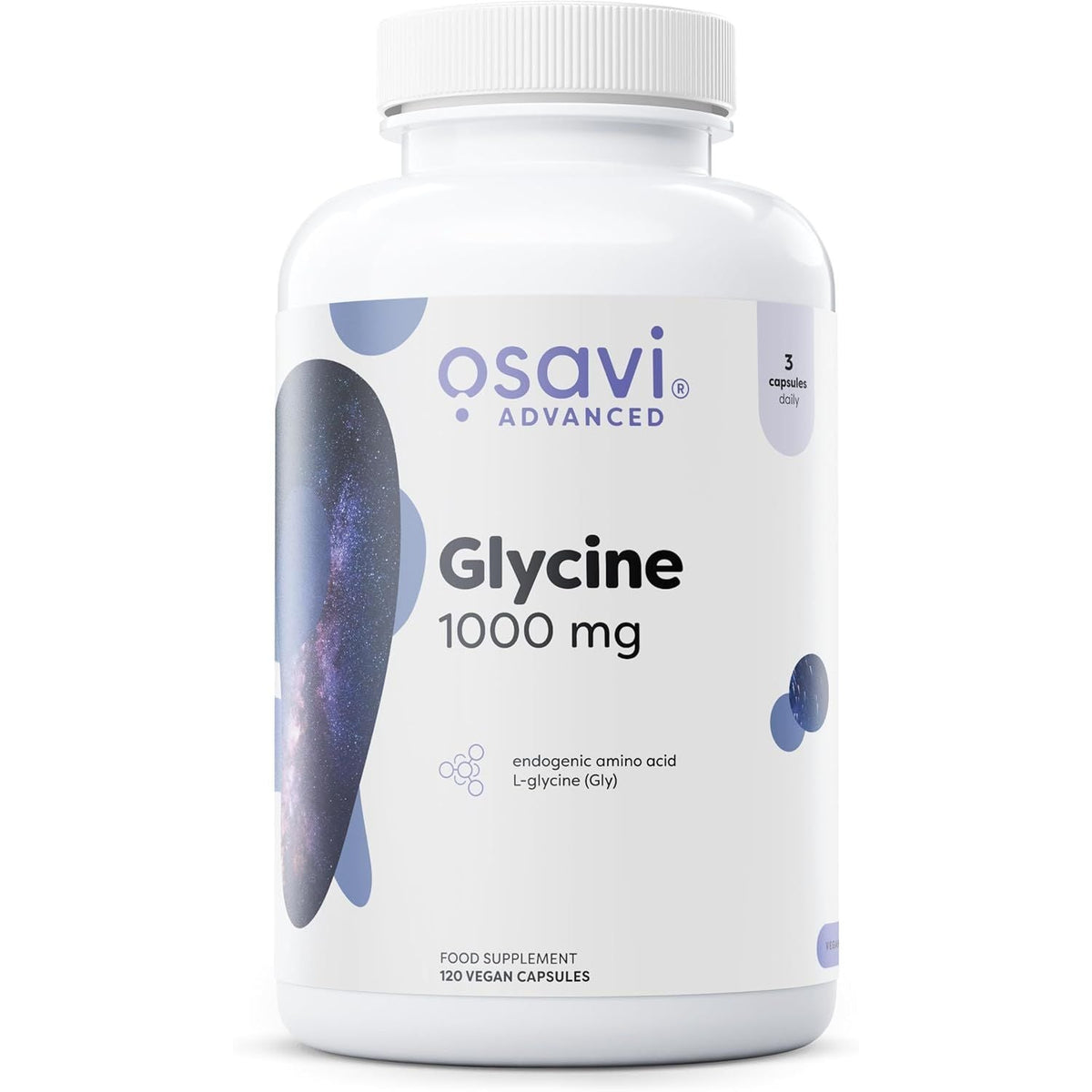 Recipient plastic alb Osavi Advanced Glycine cu capac alb, logo gri elegant, text mare Glycine 1000mg, subtitlu endogenic amino acid L-glycine Gly, badge 3 capsules daily, elemente decorative mov-violet, Food Supplement 120 Vegan Capsules format economic. Formulă premium cu 1000mg L-glicină pură, aminoacid pentru somn odihnitor și claritate mentală. Susține sinteza naturală de colagen, funcția cognitivă, producția de glutation și echilibrul neurotransmițătorilor, vegană fără gluten sau aditivi.