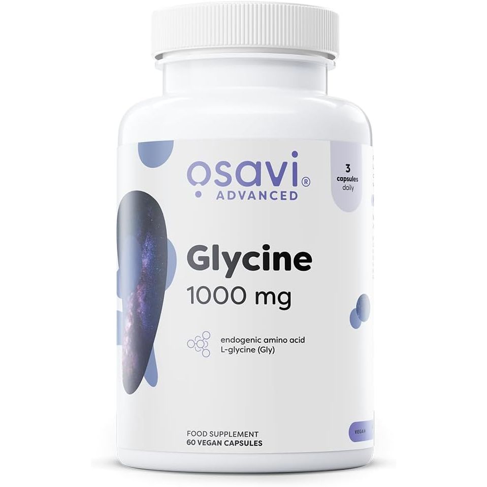 Recipient plastic alb Osavi Advanced Glycine cu capac alb, logo gri elegant, text mare Glycine 1000mg, subtitlu endogenic amino acid L-glycine Gly, badge 3 capsules daily, elemente decorative mov-violet, Food Supplement 60 Vegan Capsules, badge Vegan vizibil. Supliment premium cu 1000mg L-glicină pură per capsulă, aminoacid esențial pentru calitatea somnului și sinteza colagenului. Susține adormirea naturală, echilibrul sistemului nervos și producția de glutation antioxidant, formulă vegană curată.