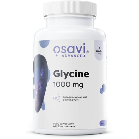 Recipient plastic alb Osavi Advanced Glycine cu capac alb, logo gri elegant, text mare Glycine 1000mg, subtitlu endogenic amino acid L-glycine Gly, badge 3 capsules daily, elemente decorative mov-violet, Food Supplement 60 Vegan Capsules, badge Vegan vizibil. Supliment premium cu 1000mg L-glicină pură per capsulă, aminoacid esențial pentru calitatea somnului și sinteza colagenului. Susține adormirea naturală, echilibrul sistemului nervos și producția de glutation antioxidant, formulă vegană curată.