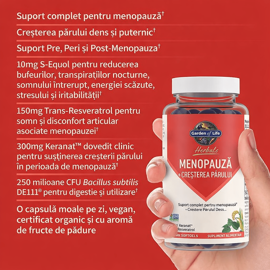 Herbal Menopause Supplement cu S - equol, Keranat si Trans - Resveratrol pentru Reducerea Simptomelor si Cresterea Parului - Garden of Life Herbals - 30 portii - Protein4Life