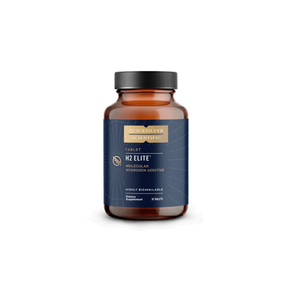 Flacon sticlă ambră Quicksilver Scientific H2 Elite cu capac negru, etichetă albastru închis cu accente aurii, logo argintiu, text Tablet, H2 Elite Molecular Hydrogen Additive, mențiune Highly Bioavailable, 30 Tablets vizibil. Supliment premium cu hidrogen molecular în tablete efervescente, eliberează H2 activ în apă pentru protecție antioxidantă selectivă la nivel celular. Neutralizează radicalii liberi, susține funcția mitocondrială și producția de energie, conține 80mg magneziu per tabletă.