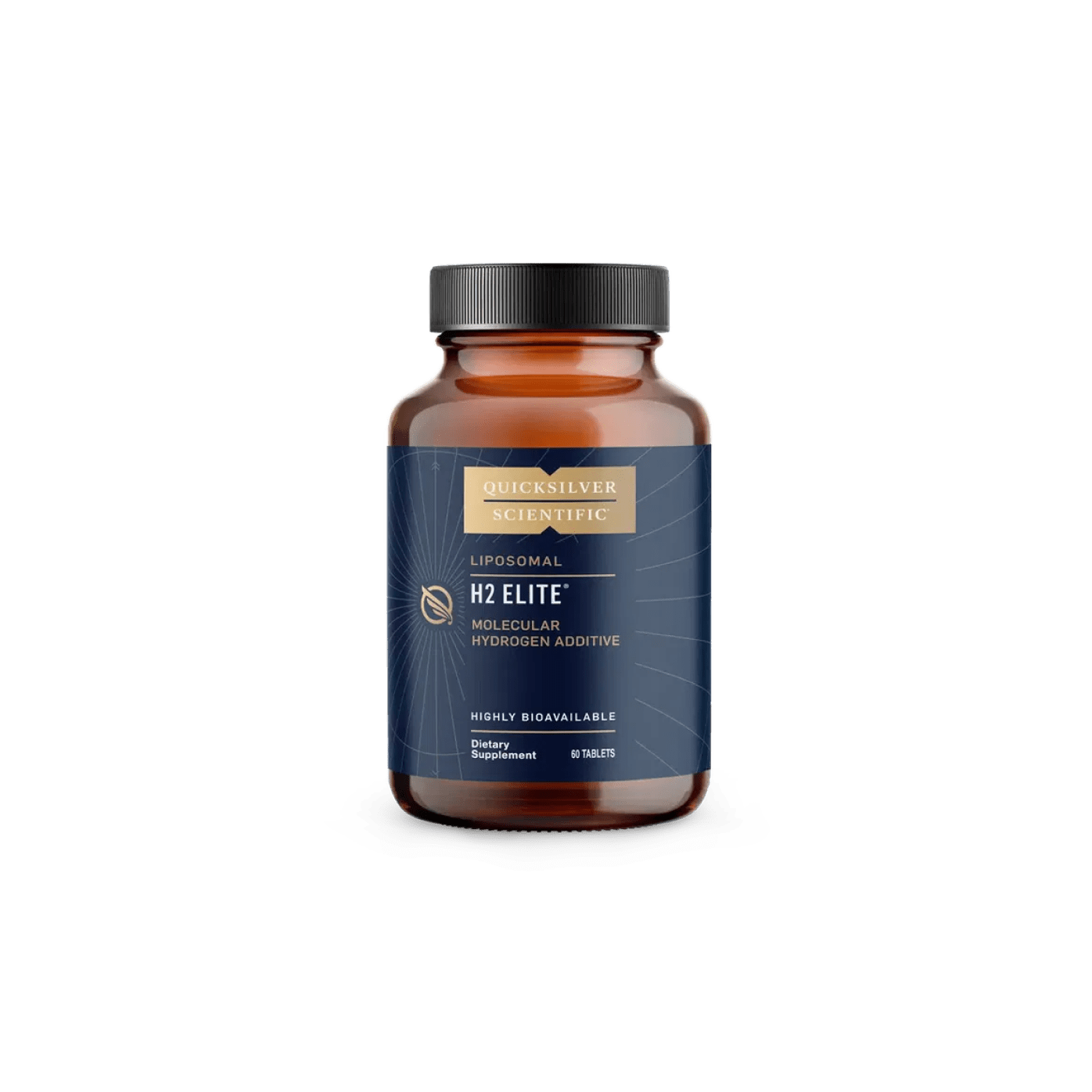 Flacon sticlă ambră Quicksilver Scientific H2 Elite cu capac negru, etichetă albastru închis cu accente aurii, logo argintiu, text Liposomal, H2 Elite Molecular Hydrogen Additive, mențiune Highly Bioavailable, 60 Tablets vizibil. Supliment premium lipozomal cu hidrogen molecular în tablete pentru protecție antioxidantă selectivă la nivel celular și mitocondrial. Neutralizează radicalii liberi reactivi, susține producția de energie ATP, echilibrul oxidativ și recuperarea după efort, biodisponibilitate ridica