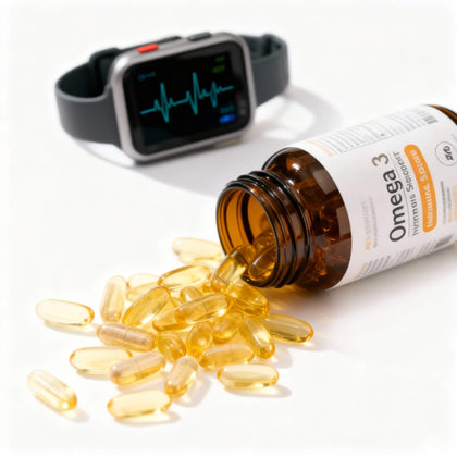 Suplimente pentru inimă și circulație: Omega 3 capsule aurii vărsate din sticlă maro și smartwatch cu monitor cardiac pe fundal alb