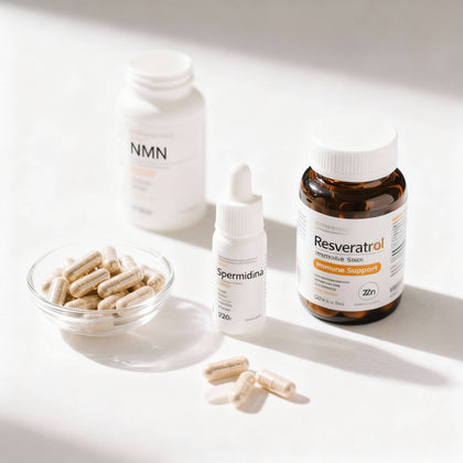 Suplimente pentru longevitate și anti-aging: NMN, Spermidină picături și Resveratrol cu capsule bej pe fundal alb