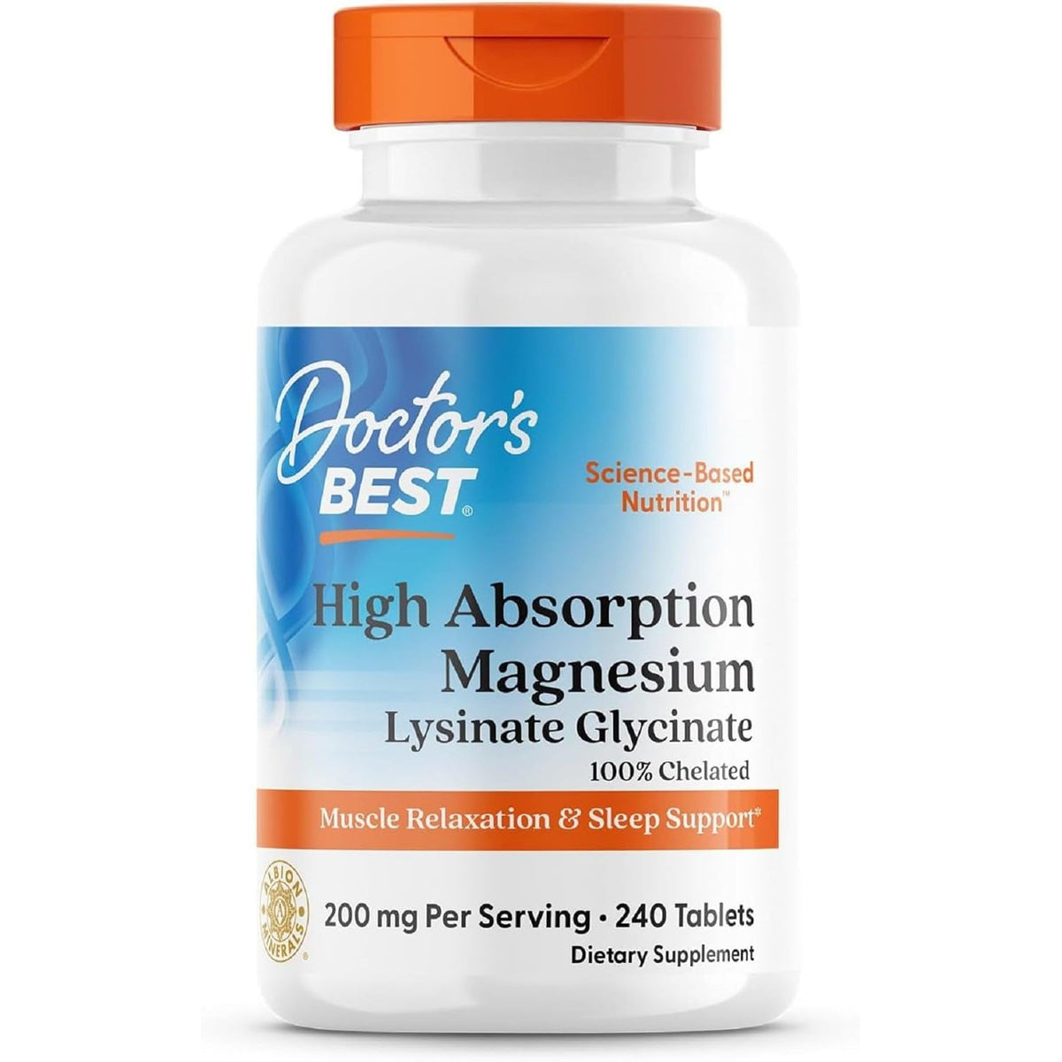 Recipient plastic alb Doctor's Best High Absorption Magnesium cu capac portocaliu, logo albastru-portocaliu Science-Based Nutrition, text mare High Absorption Magnesium Lysinate Glycinate 100% Chelated, banner portocaliu Muscle Relaxation & Sleep Support, 200mg Per Serving și 240 Tablets vizibil. Supliment premium cu magneziu bisglicinat chelat Albion TRAACS, absorbție de până la 6 ori mai rapidă decât formele convenționale. Susține relaxarea musculară, somnul odihnitor și reducerea stresului.