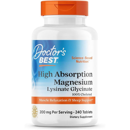 Recipient plastic alb Doctor's Best High Absorption Magnesium cu capac portocaliu, logo albastru-portocaliu Science-Based Nutrition, text mare High Absorption Magnesium Lysinate Glycinate 100% Chelated, banner portocaliu Muscle Relaxation & Sleep Support, 200mg Per Serving și 240 Tablets vizibil. Supliment premium cu magneziu bisglicinat chelat Albion TRAACS, absorbție de până la 6 ori mai rapidă decât formele convenționale. Susține relaxarea musculară, somnul odihnitor și reducerea stresului.