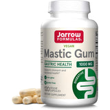 Recipient plastic alb Jarrow Formulas Mastic Gum cu capac alb, logo roșu-verde, text Vegan, titlu mare Mastic Gum, subtitlu verde Gastric Health 1000mg, mențiune Supports stomach and duodenal health, icoane non-GMO și gluten free, badge Digestive verde, 120 Veggie Capsules, capsule bej vizibile alături. Supliment vegan cu 1000mg extract rășină de mastic Pistacia lentiscus per porție pentru sănătatea gastrică și duodenală. Susține confortul stomacului, echilibrul bacterian gastric și integritatea mucoasei.