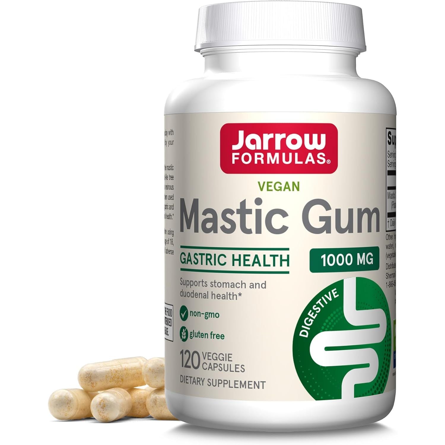 Recipient plastic alb Jarrow Formulas Mastic Gum cu capac alb, logo roșu-verde, text Vegan, titlu mare Mastic Gum, subtitlu verde Gastric Health 1000mg, mențiune Supports stomach and duodenal health, icoane non-GMO și gluten free, badge Digestive verde, 120 Veggie Capsules, capsule bej vizibile alături. Supliment vegan cu 1000mg extract rășină de mastic Pistacia lentiscus per porție pentru sănătatea gastrică și duodenală. Susține confortul stomacului, echilibrul bacterian gastric și integritatea mucoasei.