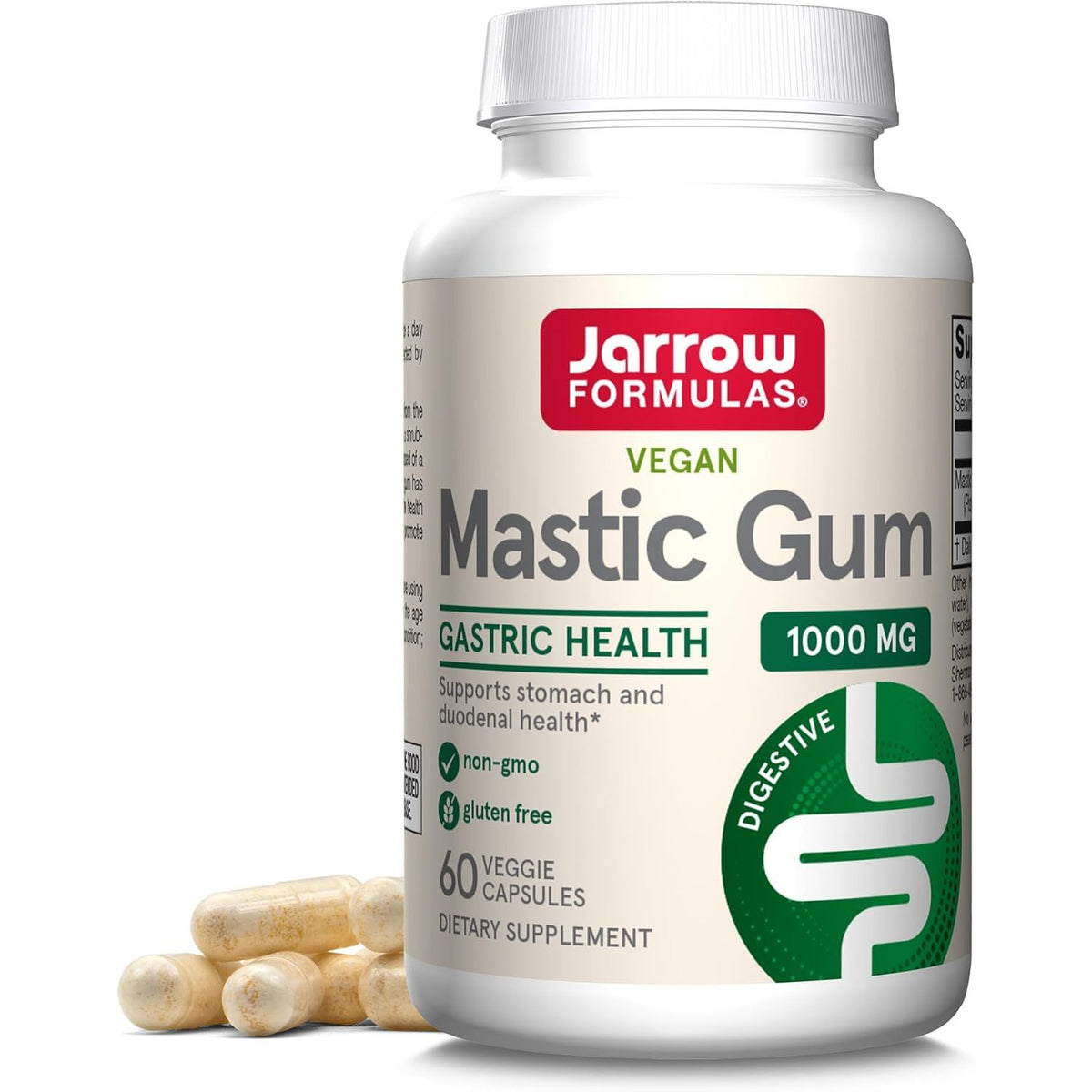 Recipient plastic alb Jarrow Formulas Mastic Gum cu capac alb, logo roșu-verde, text Vegan, titlu mare Mastic Gum, subtitlu verde Gastric Health 1000mg, mențiune Supports stomach and duodenal health, icoane non-GMO și gluten free, badge Digestive verde, 60 Veggie Capsules, capsule bej vizibile alături. Supliment vegan cu 1000mg extract rășină de mastic Pistacia lentiscus per porție pentru sănătatea gastrică și duodenală. Susține confortul stomacului, echilibrul bacterian gastric și integritatea mucoasei.