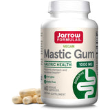 Recipient plastic alb Jarrow Formulas Mastic Gum cu capac alb, logo roșu-verde, text Vegan, titlu mare Mastic Gum, subtitlu verde Gastric Health 1000mg, mențiune Supports stomach and duodenal health, icoane non-GMO și gluten free, badge Digestive verde, 60 Veggie Capsules, capsule bej vizibile alături. Supliment vegan cu 1000mg extract rășină de mastic Pistacia lentiscus per porție pentru sănătatea gastrică și duodenală. Susține confortul stomacului, echilibrul bacterian gastric și integritatea mucoasei.