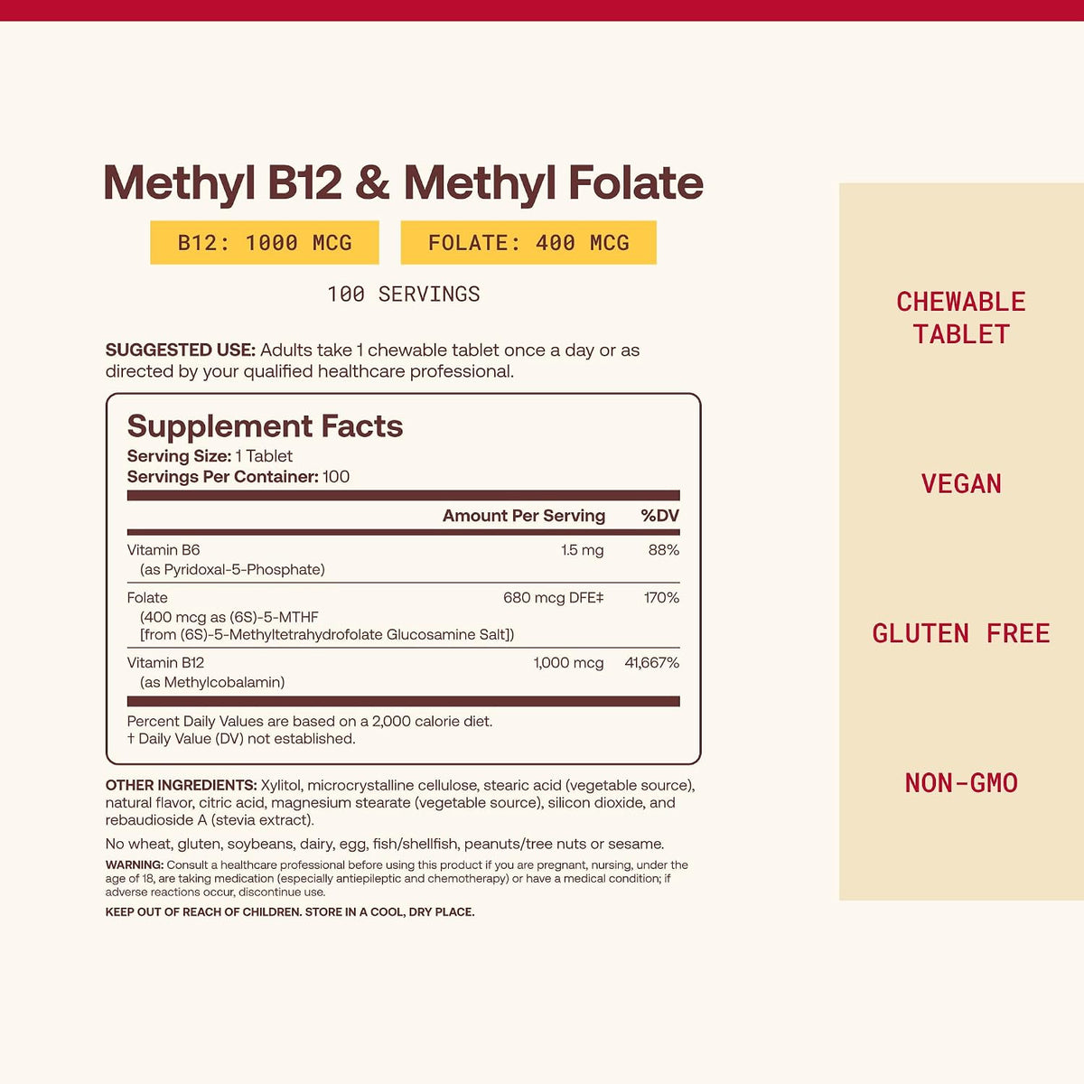 Methyl Cobalamine B12 - Methyl Folate B9 - Jarrow Formulas - 400 mcg - Lemon - 100 Lozenges - Protein4Life