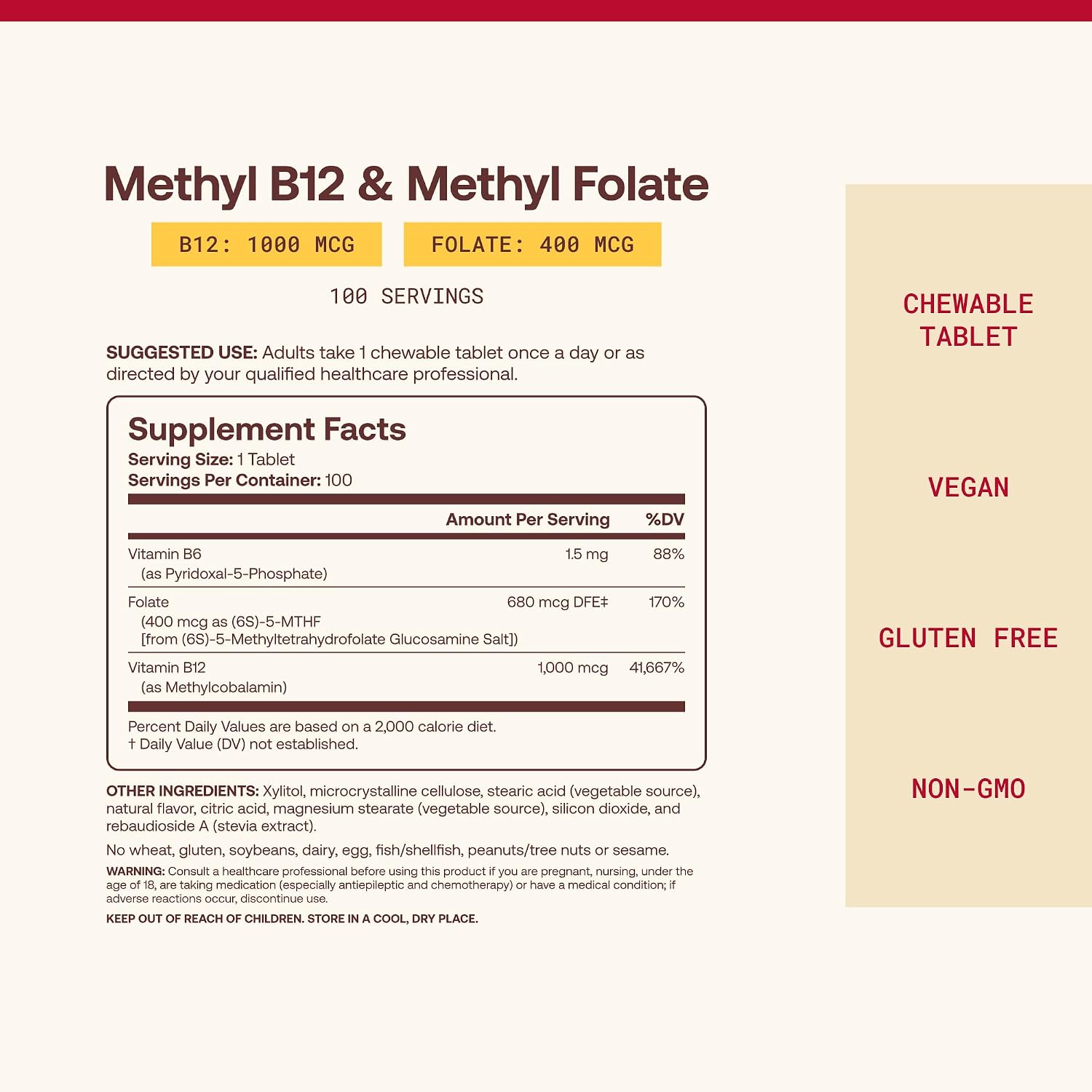 Methyl Cobalamine B12 - Methyl Folate B9 - Jarrow Formulas - 400 mcg - Lemon - 100 Lozenges - Protein4Life