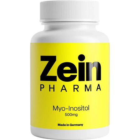 Recipient plastic alb Zein Pharma Myo-Inositol cu capac alb, etichetă galbenă cu logo negru Zein PHARMA, text Myo-Inositol 500mg, mențiune Made in Germany, 180 capsule format economic. Formulă premium germană cu 500mg mio-inozitol pur per capsulă, vitamina B8 biodisponibilă esențială pentru sănătatea ovariană și reglarea ciclului menstrual. Susține fertilitatea, echilibrul hormonal și sensibilitatea la insulină în PCOS, 100% vegană fără gluten sau lactoză.