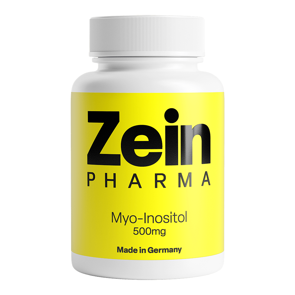 Recipient plastic alb Zein Pharma Myo-Inositol cu capac alb, etichetă galbenă cu logo negru Zein PHARMA, text Myo-Inositol 500mg, mențiune Made in Germany vizibilă, 60 capsule. Supliment premium cu 500mg mio-inozitol pur per capsulă, forma biodisponibilă de vitamina B8 pentru echilibrul hormonal și metabolismul glucozei. Susține funcția ovariană, ovulația regulată și sensibilitatea la insulină, ideal pentru PCOS, calitate farmaceutică germană vegană.