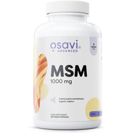 Recipient plastic alb Osavi Advanced MSM cu capac alb, logo gri elegant, text mare MSM 1000mg, subtitlu methylsulphonylmethane organic sulphur, badge 2 capsules daily, elemente decorative portocalii, badge-uri Vegan și Sugar Free, 120 Vegan Capsules vizibil. Supliment premium cu metilsulfonilmetan sulf organic, 2000mg per doză zilnică pentru susținerea articulațiilor și sinteza colagenului. Susține sănătatea pielii, părului și unghiilor, recuperare musculară și răspuns inflamator echilibrat.