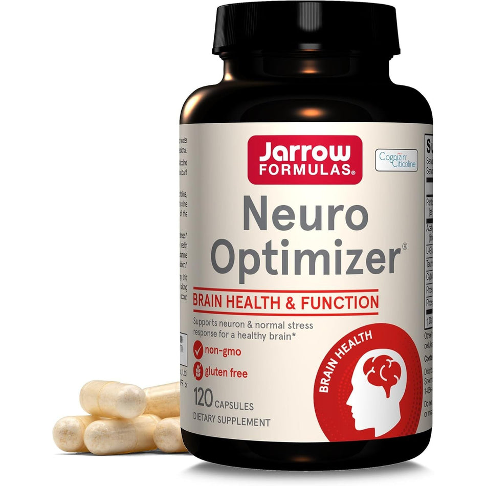 Recipient plastic negru Jarrow Formulas Neuro Optimizer cu logo roșu-verde, badge Cognizin Citicoline, text mare Neuro Optimizer, banner roșu Brain Health & Function, icoane non-GMO și gluten free, siglă Brain Health cu siluetă cap, 120 capsule vizibile alături. Supliment nootropic premium cu 8 ingrediente active: citicolină Cognizin brevetată, fosfatidilserină, acetil L-carnitină pentru susținerea memoriei și concentrării. Protejează neuronii, susține energia mitocondrială cerebrală.