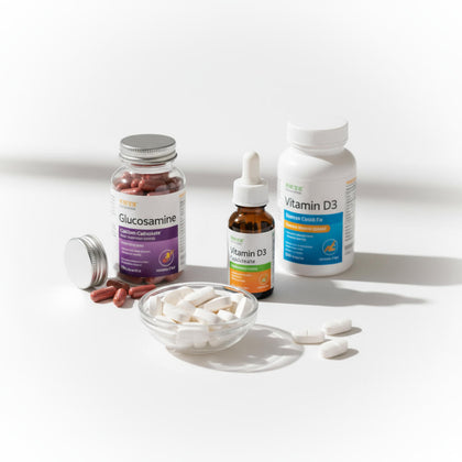 Suplimente pentru oase și articulații: Glucozamină capsule roșii, Vitamina D3 picături și tablete albe de calciu pe fundal alb