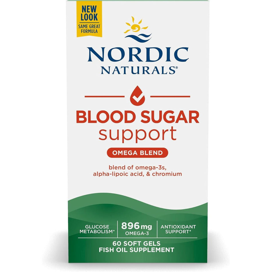 Cutie carton alb-verde Nordic Naturals Blood Sugar Support cu logo val albastru, badge New Look Same Great Formula, text Blood Sugar Support, banner portocaliu Omega Blend, pictogramă picătură roșie, mențiuni blend of omega-3s alpha-lipoic acid & chromium, badge-uri Glucose Metabolism, 896mg Omega-3, Antioxidant Support, 60 Soft Gels. Formulă cu omega-3 trigliceride din pești sălbatici, 300mg acid alfa-lipoic și 200mcg crom pentru suport glicemic. Susține metabolismul glucozei și sensibilitatea la insulina