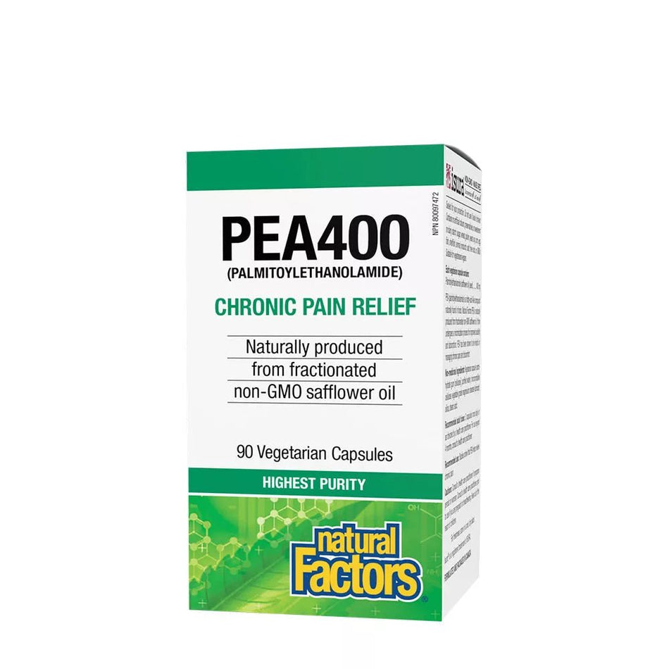 Cutie carton verde-alb Natural Factors PEA400 cu text mare PEA400 Palmitoylethanolamide, subtitlu roșu Chronic Pain Relief, mențiune Naturally produced from fractionated non-GMO safflower oil, banner verde Highest Purity, logo Natural Factors galben-verde, 90 Vegetarian Capsules vizibil. Supliment premium cu 400mg palmitoiletanolamidă micronizată din ulei de șofrănel non-GMO pentru ameliorarea durerii cronice. Modulează sistemul endocanabinoid, reduce inflamația, susține mobilitatea articulară.
