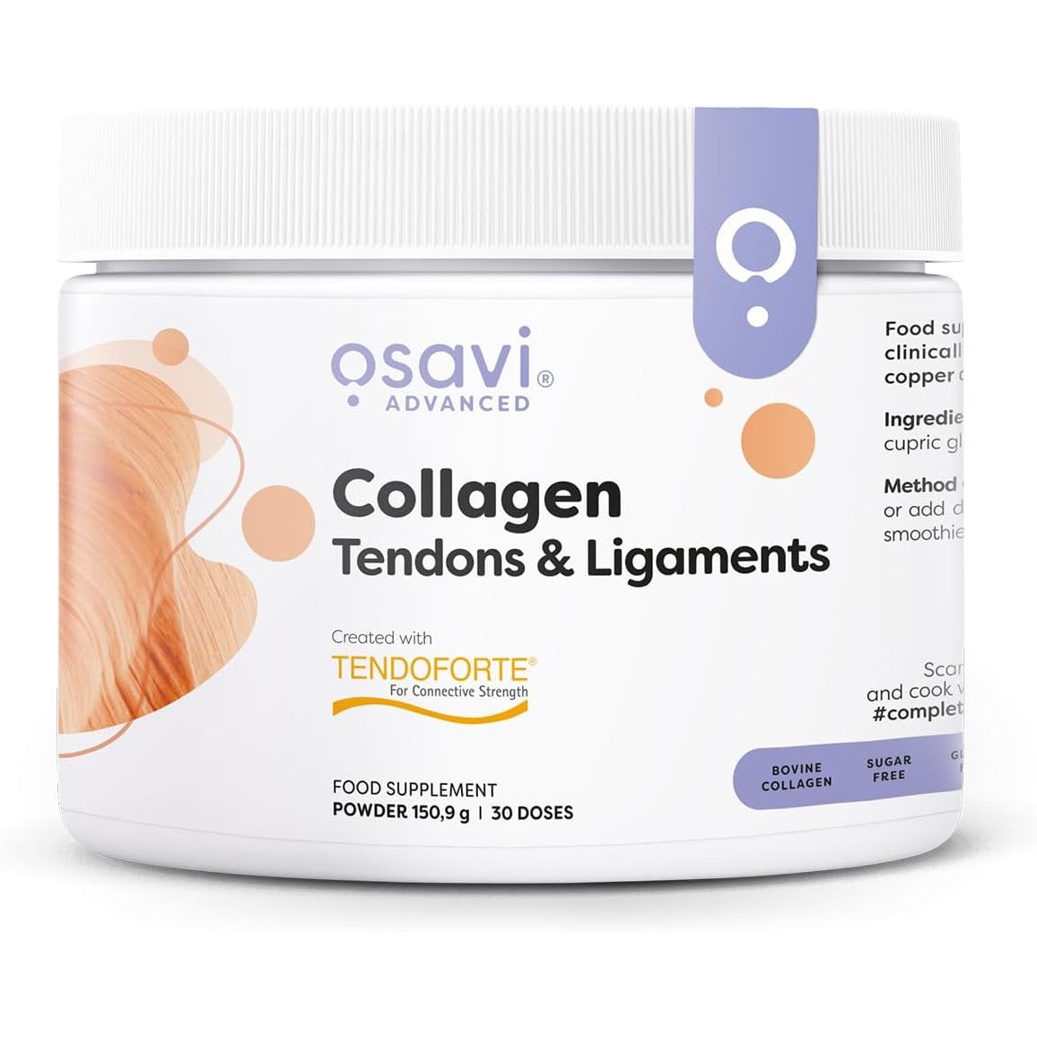 Recipient plastic alb Osavi Advanced Collagen Tendons & Ligaments cu capac alb, logo gri elegant, text mare Collagen Tendons & Ligaments, banner galben Created with TENDOFORTE For Connective Strength, badge-uri Bovine Collagen și Sugar Free, elemente decorative portocalii, Powder 150,9g 30 Doses. Pudră premium cu 5g peptide bioactive colagen TENDOFORTE brevetate, cupru și mangan pentru formarea normală a colagenului. Susține sănătatea tendoanelor și ligamentelor, recuperare după leziuni, Clean Label.