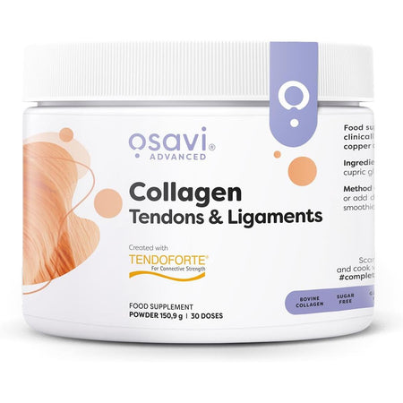 Recipient plastic alb Osavi Advanced Collagen Tendons & Ligaments cu capac alb, logo gri elegant, text mare Collagen Tendons & Ligaments, banner galben Created with TENDOFORTE For Connective Strength, badge-uri Bovine Collagen și Sugar Free, elemente decorative portocalii, Powder 150,9g 30 Doses. Pudră premium cu 5g peptide bioactive colagen TENDOFORTE brevetate, cupru și mangan pentru formarea normală a colagenului. Susține sănătatea tendoanelor și ligamentelor, recuperare după leziuni, Clean Label.
