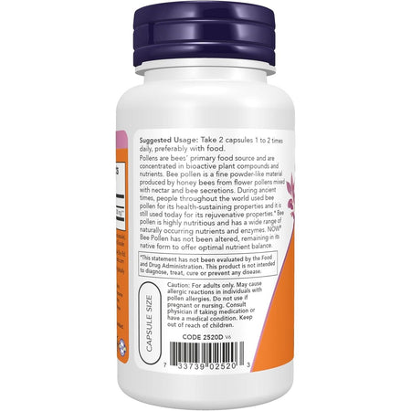 Polen de Albine (Bee Pollen) 500 mg cu Enzime, Aminoacizi si Nutrienti Naturali - NOW Foods - 100 capsule - Protein4Life