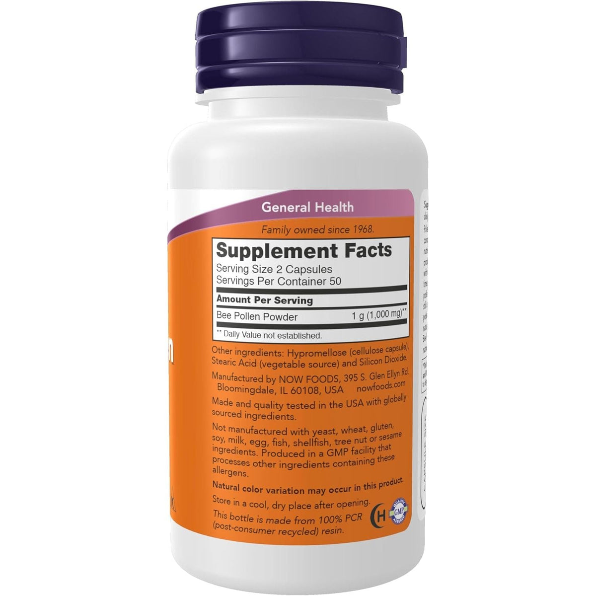 Polen de Albine (Bee Pollen) 500 mg cu Enzime, Aminoacizi si Nutrienti Naturali - NOW Foods - 100 capsule - Protein4Life