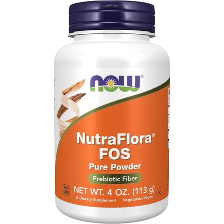 Recipient plastic alb Now Foods NutraFlora FOS 113g cu capac albastru închis, logo NOW verde-portocaliu și bandă etichetă portocalie cu text mare albastru NutraFlora FOS Pure Powder, banner galben Prebiotic Fiber, sigiliu Non-GMO vizibil. Pudră prebiotică pură cu fructooligozaharide 100% NutraFlora, 5g fibre solubile per porție pentru susținerea bacteriilor Bifidobacterium și Lactobacillus. Echilibrează microbiomul intestinal, îmbunătățește tranzitul, formulă vegană fără aditivi, ușor de dizolvat.