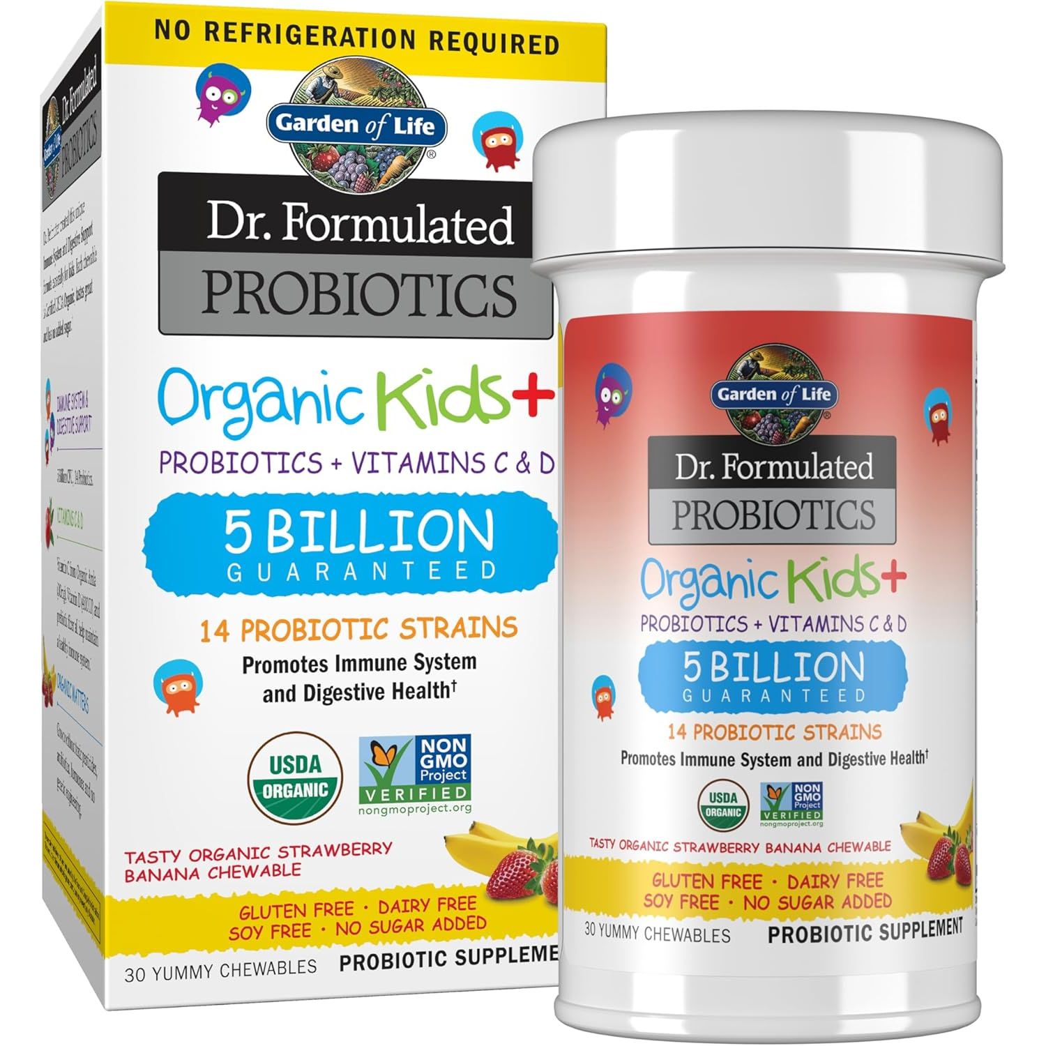 Cutie și recipient alb Garden of Life Dr. Formulated Probiotics Organic Kids+ cu logo fructe colorate, banner roșu No Refrigeration Required, text mare 5 Billion Guaranteed și 14 Probiotic Strains, sigilii USDA Organic și Non-GMO, ilustrații căpșuni și banane. Supliment probiotic organic pentru copii cu 30 tablete masticabile aromă Strawberry Banana, 5 miliarde CFU, 14 tulpini probiotice, vitamina C din Amla și vitamina D3. Susține imunitatea și digestia, fără gluten, lactate, soia sau zahăr adăugat.