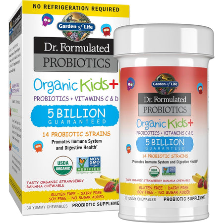 Cutie și recipient alb Garden of Life Dr. Formulated Probiotics Organic Kids+ cu logo fructe colorate, banner roșu No Refrigeration Required, text mare 5 Billion Guaranteed și 14 Probiotic Strains, sigilii USDA Organic și Non-GMO, ilustrații căpșuni și banane. Supliment probiotic organic pentru copii cu 30 tablete masticabile aromă Strawberry Banana, 5 miliarde CFU, 14 tulpini probiotice, vitamina C din Amla și vitamina D3. Susține imunitatea și digestia, fără gluten, lactate, soia sau zahăr adăugat.