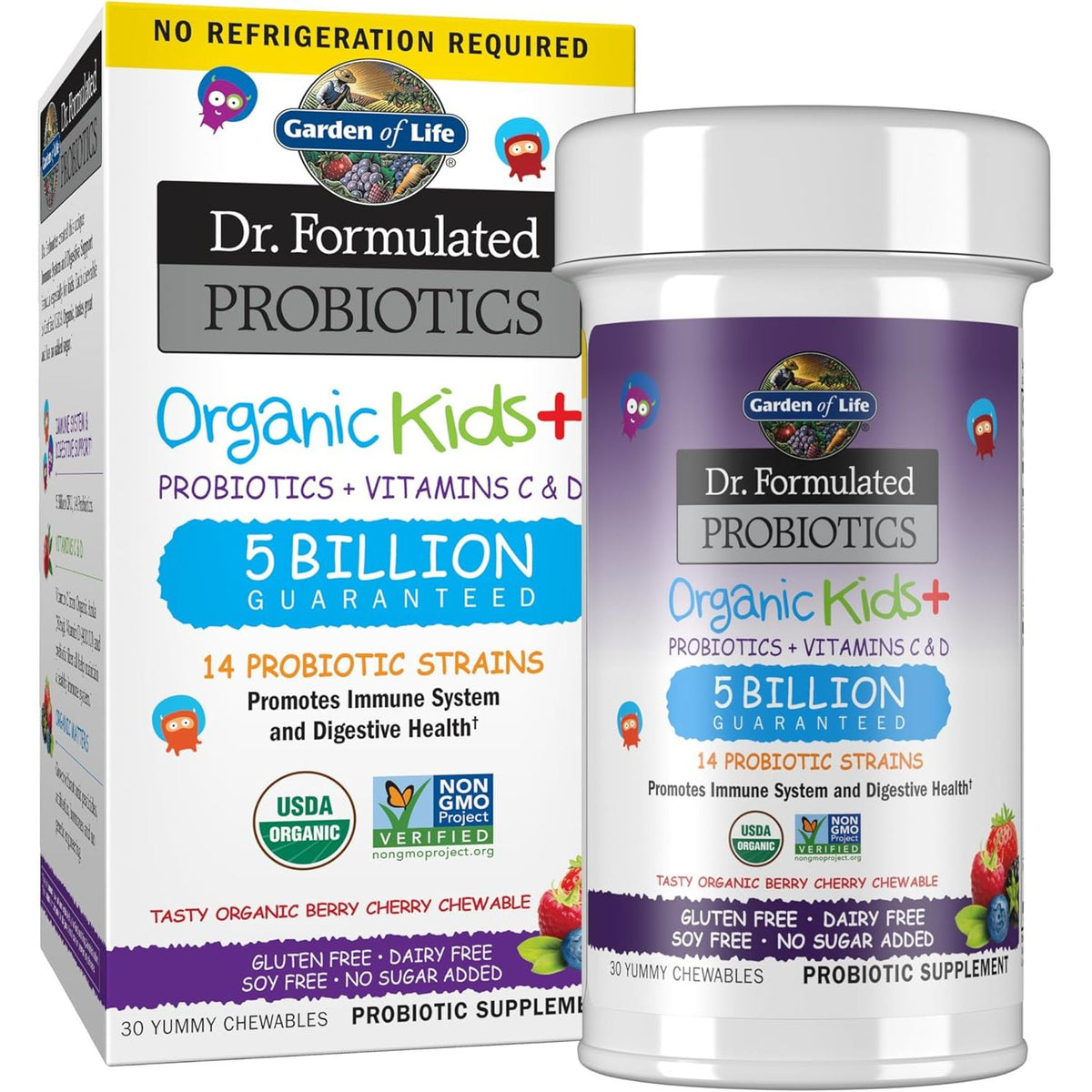 Cutie și recipient alb Garden of Life Dr. Formulated Probiotics Organic Kids+ cu logo fructe colorate, banner roșu No Refrigeration Required, text mare 5 Billion Guaranteed și 14 Probiotic Strains, sigilii USDA Organic și Non-GMO, ilustrații fructe de pădure și cireșe. Supliment probiotic organic pentru copii cu 30 tablete masticabile aromă Berry Cherry, 5 miliarde CFU, 14 tulpini probiotice, vitamina C din Amla și vitamina D3. Susține imunitatea și digestia, fără gluten, lactate, soia sau zahăr adăugat.