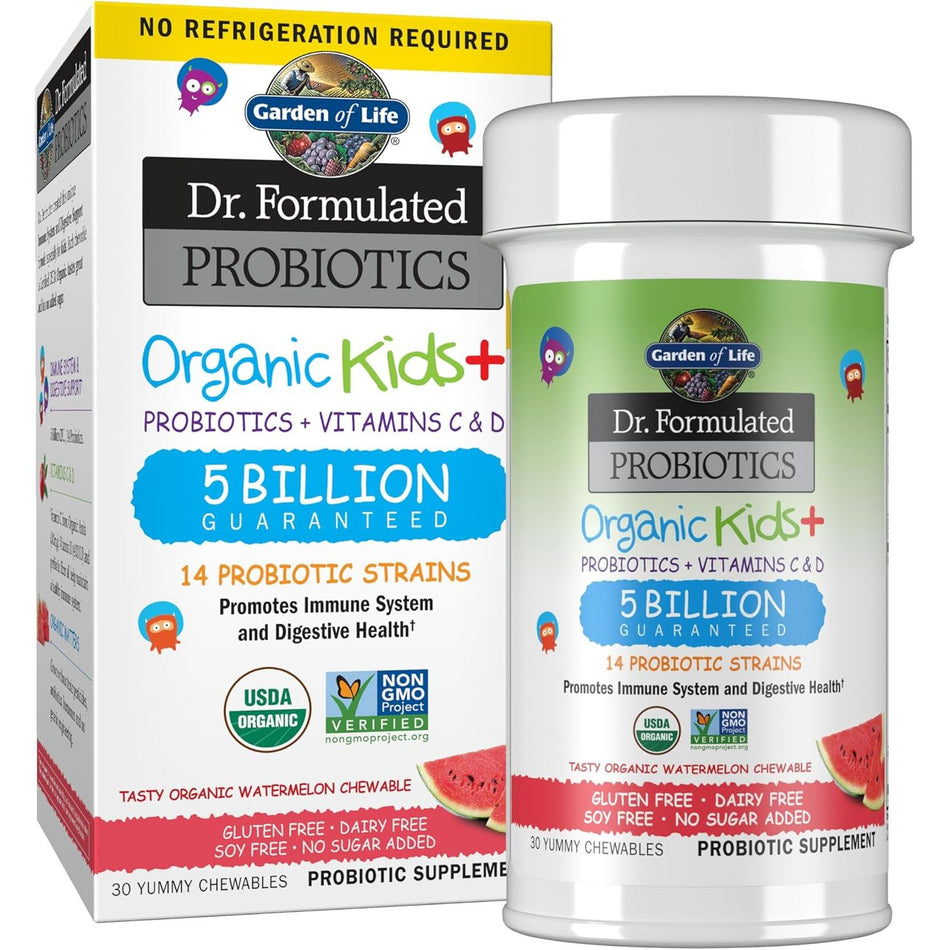 Cutie și recipient alb Garden of Life Dr. Formulated Probiotics Organic Kids+ cu logo fructe colorate, banner roșu No Refrigeration Required, text mare 5 Billion Guaranteed și 14 Probiotic Strains, sigilii USDA Organic și Non-GMO, ilustrații pepene roșu. Supliment probiotic organic pentru copii cu 30 tablete masticabile aromă pepene, 5 miliarde CFU, 14 tulpini probiotice, vitamina C din Amla și vitamina D3. Susține sistemul imunitar și digestia, fără gluten, lactate, soia sau zahăr adăugat.
