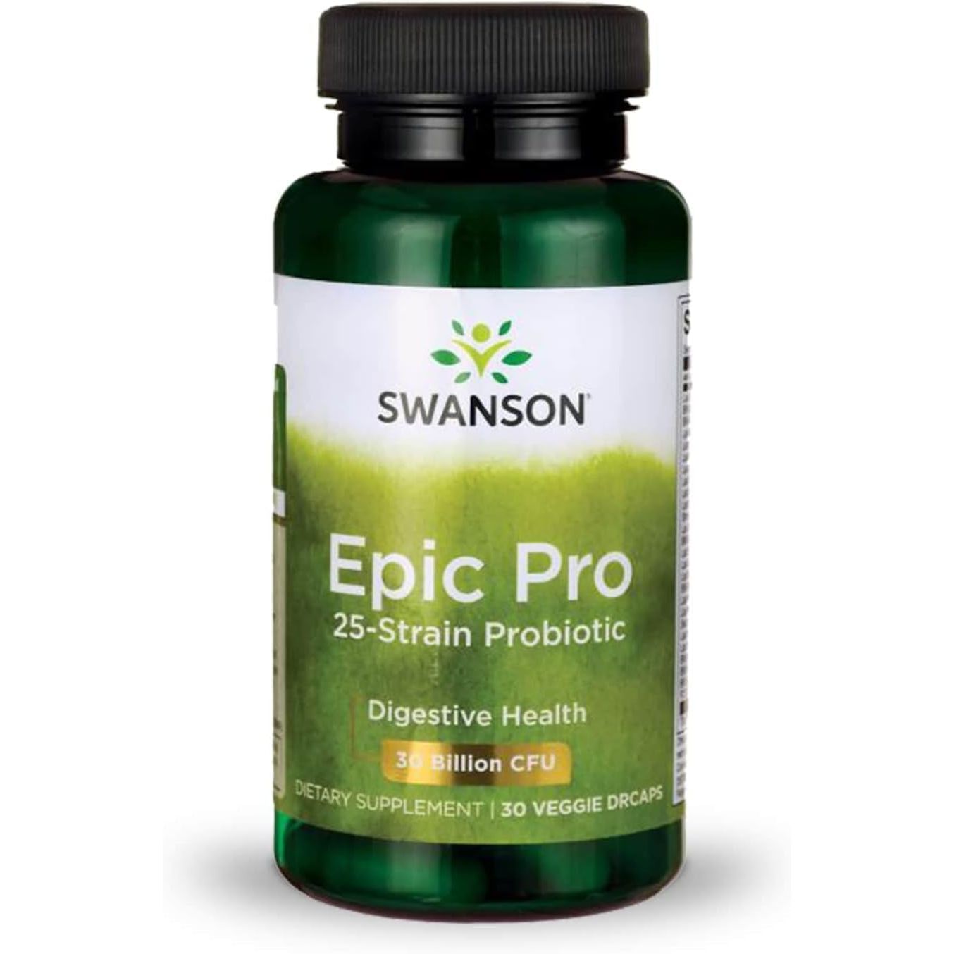 Recipient plastic verde Swanson Epic Pro cu capac negru, logo verde Swanson cu frunză, text mare Epic Pro 25-Strain Probiotic, subtitlu Digestive Health, mențiune 30 Billion CFU, Dietary Supplement 30 Veggie DRcaps. Probiotic premium cu 25 tulpini bacteriene și 30 miliarde CFU per capsulă, prebiotic Nutraflora FOS și Saccharomyces boulardii în capsule DR rezistente la aciditate gastrică. Susține echilibrul florei intestinale, digestia și sistemul imunitar, stabil la temperatura camerei.