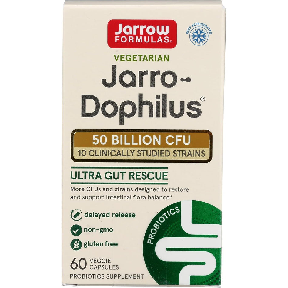 Cutie carton bej Jarrow Formulas Jarro-Dophilus Ultra Gut Rescue cu logo roșu-verde, text mare 50 Billion CFU pe banner auriu, 10 Clinically Studied Strains, siglă Keep Refrigerated cu fulg, icoane delayed release, non-GMO și gluten free, ilustrație intestin verde. Supliment probiotic vegetarian cu 60 capsule veggie, 50 miliarde CFU și 10 tulpini studiate clinic pentru restaurarea florei intestinale. Susține digestia, echilibrul microbiomului și imunitatea, eliberare întârziată pentru protecție gastrică.