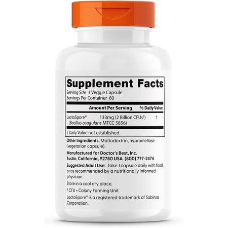 Probiotic pentru Digestie si Flora Intestinala cu LactoSpore 2 Miliarde CFU - Doctor's Best - 60 Capsule - Protein4Life