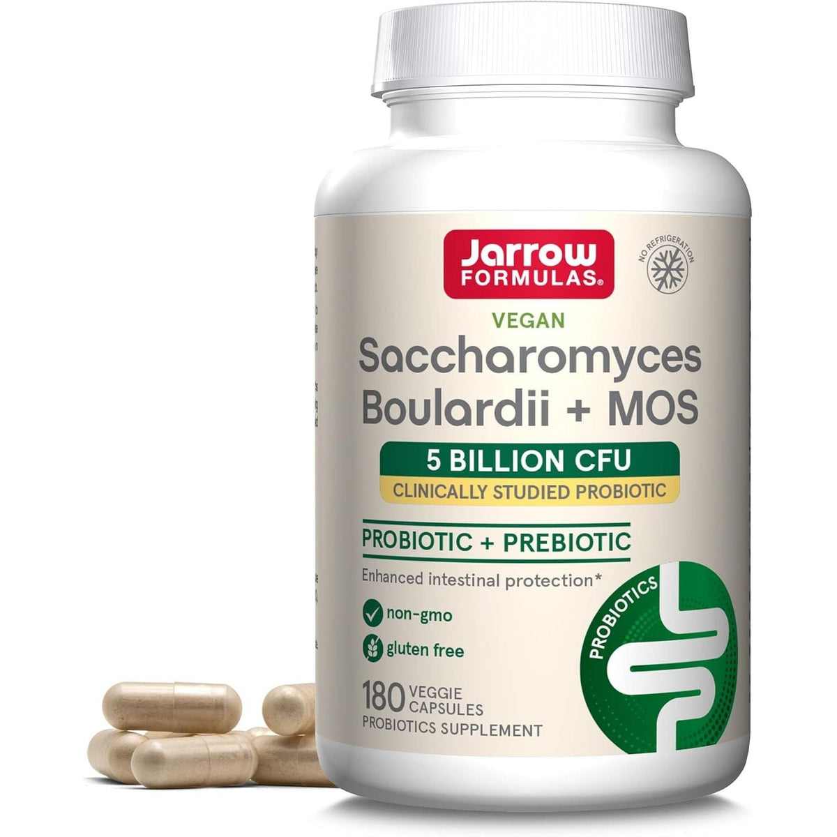 Recipient plastic alb Jarrow Formulas Saccharomyces Boulardii + MOS cu capac alb, logo roșu-verde, text Vegan, titlu mare Saccharomyces Boulardii + MOS, banner galben 5 Billion CFU Clinically Studied Probiotic, text Probiotic + Prebiotic, icoane non-GMO și gluten free, sigiliu No Refrigeration, badge Probiotics verde, 180 Veggie Capsules, capsule bej vizibile alături. Drojdie probiotică 5 miliarde CFU cu 200mg MOS prebiotic pentru protecție intestinală avansată. Rezistentă la antibiotice, susține flora.