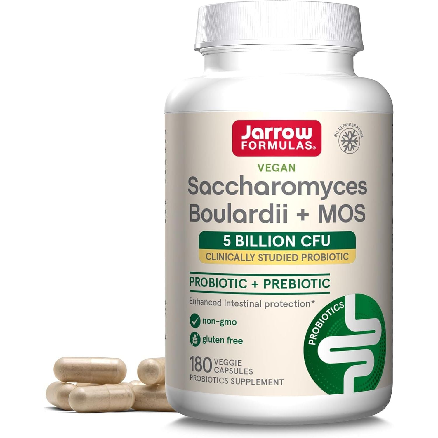 Recipient plastic alb Jarrow Formulas Saccharomyces Boulardii + MOS cu capac alb, logo roșu-verde, text Vegan, titlu mare Saccharomyces Boulardii + MOS, banner galben 5 Billion CFU Clinically Studied Probiotic, text Probiotic + Prebiotic, icoane non-GMO și gluten free, sigiliu No Refrigeration, badge Probiotics verde, 180 Veggie Capsules, capsule bej vizibile alături. Drojdie probiotică 5 miliarde CFU cu 200mg MOS prebiotic pentru protecție intestinală avansată. Rezistentă la antibiotice, susține flora.
