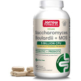 Recipient plastic alb Jarrow Formulas Saccharomyces Boulardii + MOS cu capac alb, logo roșu-verde, text Vegan, titlu mare Saccharomyces Boulardii + MOS, banner galben 5 Billion CFU Clinically Studied Probiotic, text Probiotic + Prebiotic, icoane gluten free și No Refrigeration, badge Probiotics verde, 90 Veggie Capsules, capsule bej vizibile alături. Drojdie probiotică 5 miliarde CFU cu 200mg MOS prebiotic pentru protecție intestinală avansată. Rezistentă la antibiotice, susține flora intestinală.