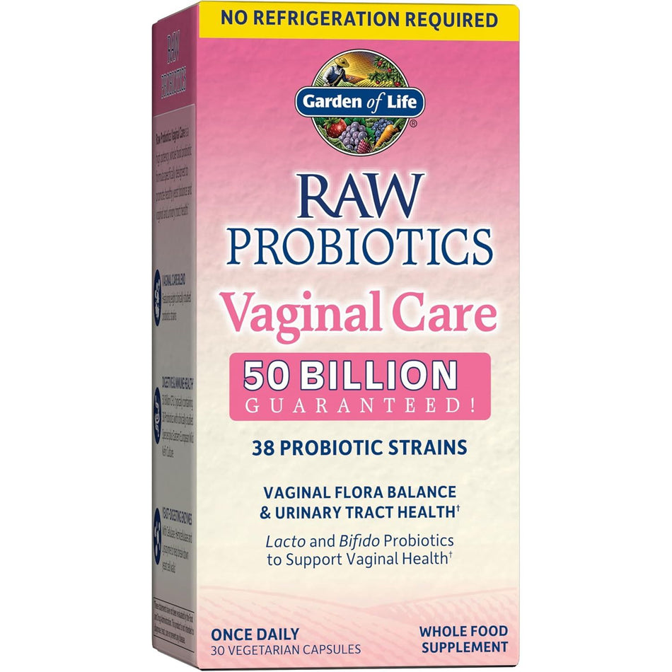 Cutie carton roz-albastru Garden of Life Raw Probiotics Vaginal Care cu logo fructe colorate, banner roșu No Refrigeration Required, text mare 50 Billion Guaranteed și 38 Probiotic Strains vizibil pe față. Supliment probiotic premium pentru femei cu 30 capsule vegetariene, 50 miliarde CFU și 38 tulpini probiotice Lacto și Bifido pentru echilibrul florei vaginale și sănătatea tractului urinar. Susține pH-ul vaginal optim, protecție împotriva candidozei și infecțiilor urinare, stabil la raft fără refrigerare.